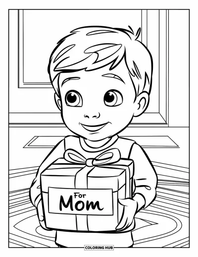 Dibujo de feliz cumpleaños mamá para colorear para niños: Niño de pie sobre una alfombra sosteniendo un regalo con etiqueta "For Mom"