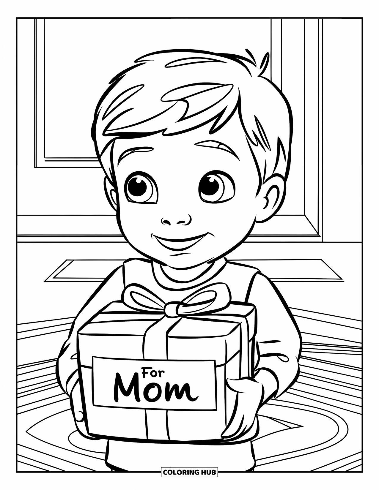 Happy Birthday Mom Coloring Page for Kids: Child standing on a rug holding a "For Mom" present