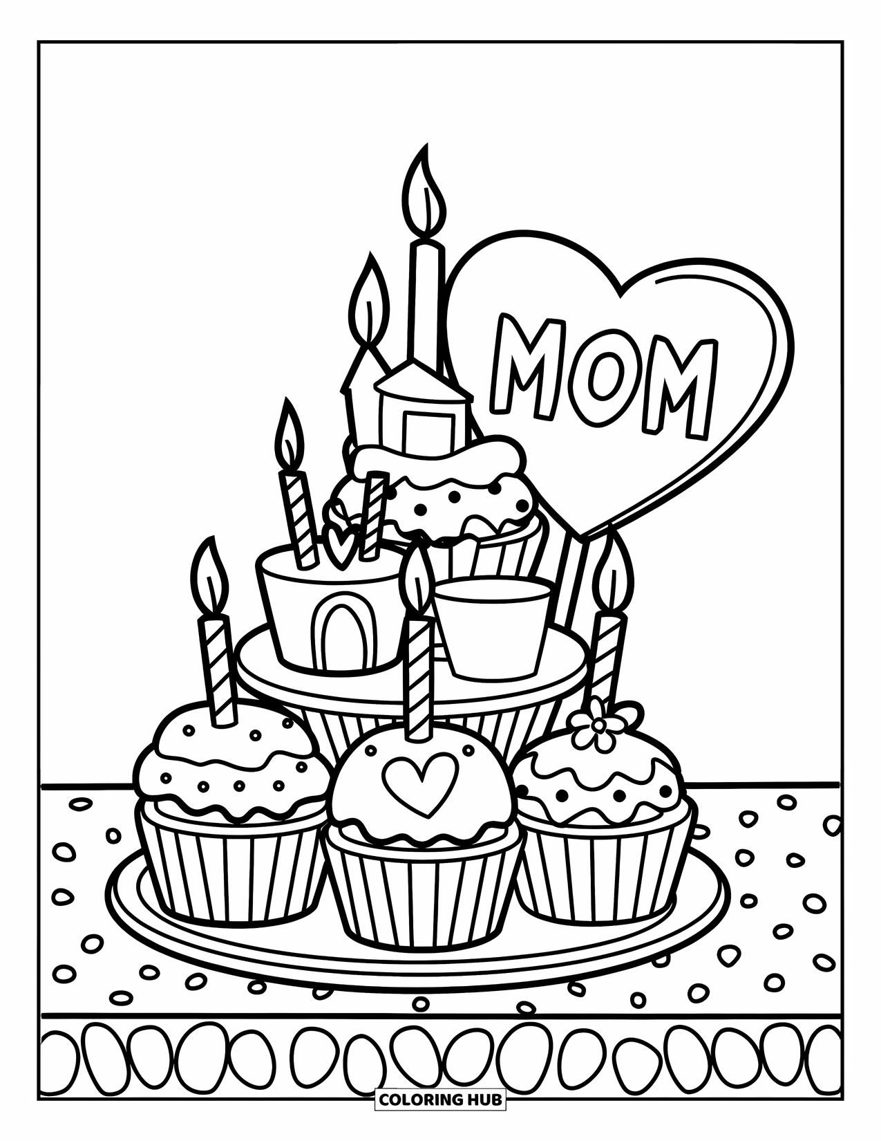 Happy Birthday Mom Coloring Page for Kids: Cupcake tower with varied decorations, candles, and a heart flag saying "Mom"