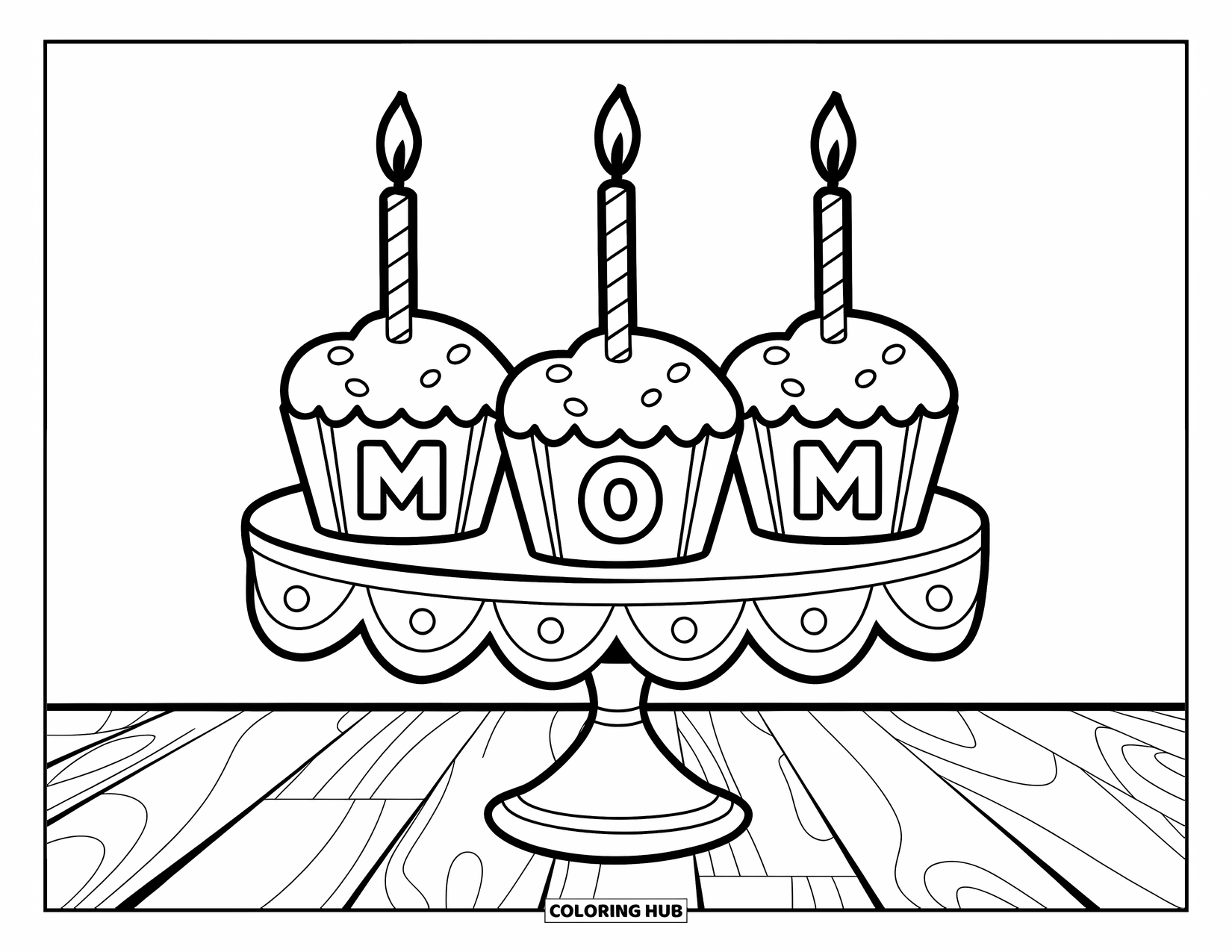 Happy Birthday Mom Coloring Page for Kids: Cupcake trio labeled "MOM" on a stand with candles