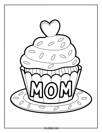 Dibujo de feliz cumpleaños mamá para colorear para niños: Cupcake con un corazón encima y "Mom" escrito en el papel