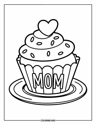 Dibujo de feliz cumpleaños mamá para colorear para niños: Lindo cupcake con chispas, corazón encima y "Mom" en el papel