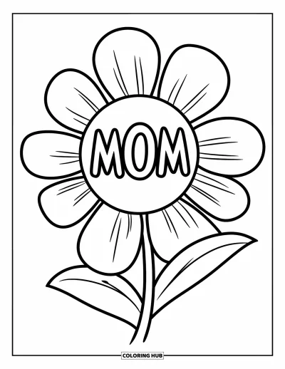 Dibujo de feliz cumpleaños mamá para colorear para niños: Gran flor con "Mom" en el centro y pétalos vistosos