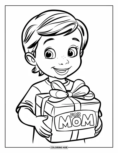 Dibujo de feliz cumpleaños mamá para colorear para niños: Niño alegre con un regalo etiquetado "For Mom" envuelto con un lazo