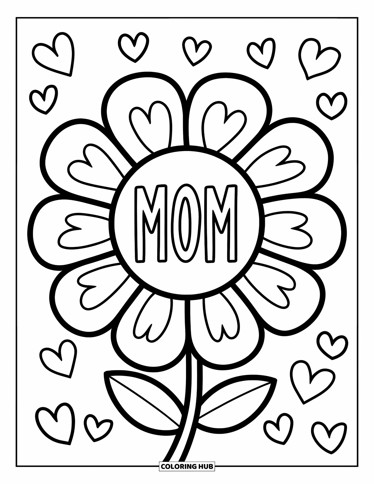 Happy Birthday Mom Coloring Page for Kids: Heart-filled giant flower with "Mom" text and scattered hearts