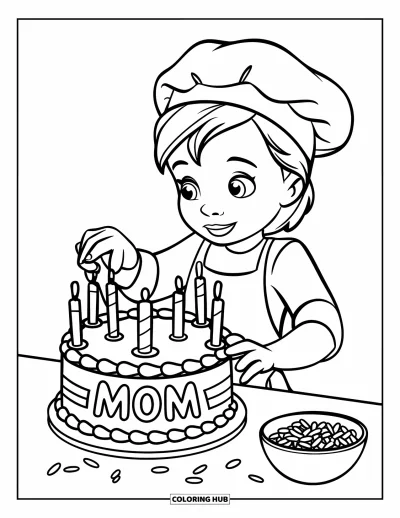 Dibujo de feliz cumpleaños mamá para colorear para niños: Niño con delantal horneando una tarta con "Mom" y chispas de colores cerca