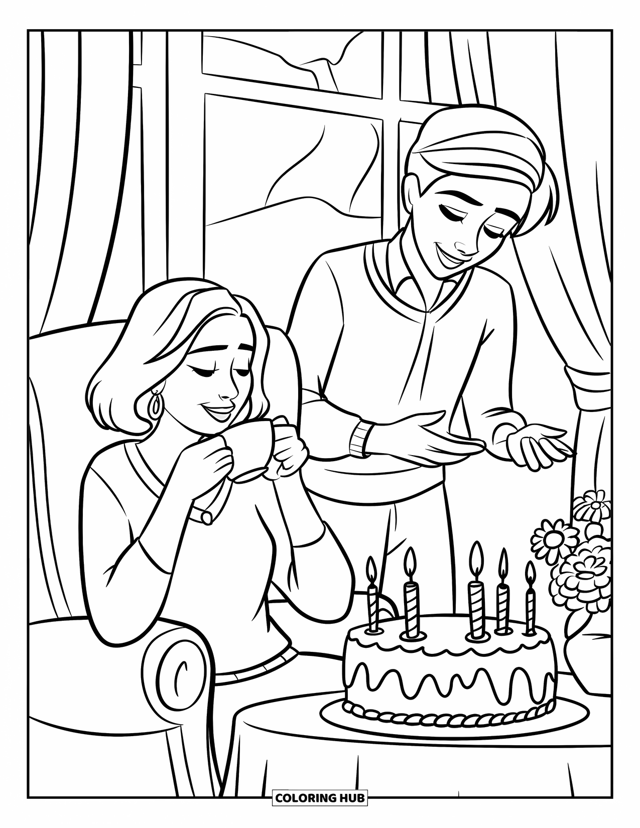 Happy Birthday Mom Coloring Page for Kids: Mom calmly sipping tea while a teen places a candlelit cake on the table