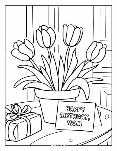 Dibujo de feliz cumpleaños mamá para colorear para niños: Maceta de tulipanes con una tarjeta de "Happy Birthday Mom" y un regalo envuelto