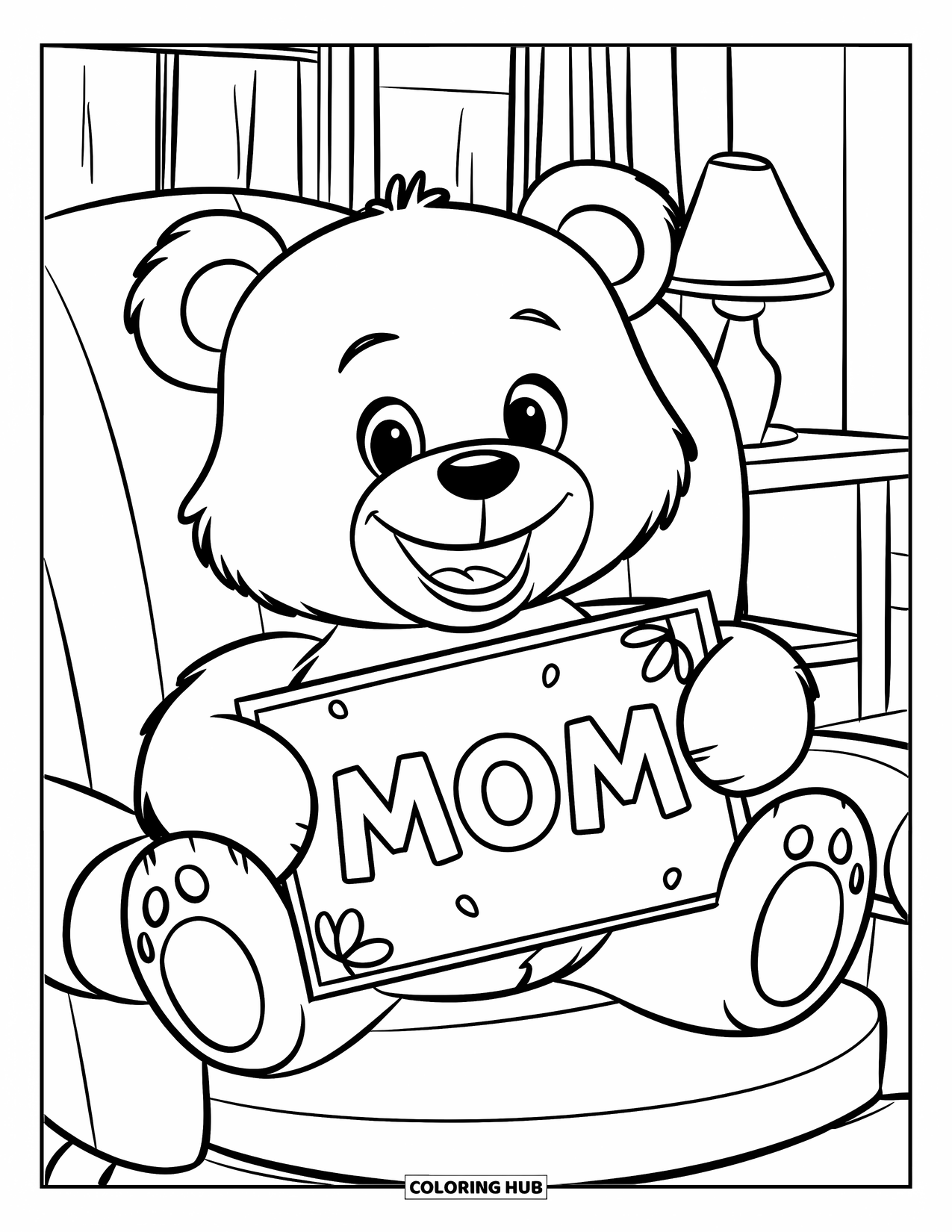 Happy Birthday Mom Coloring Page for Kids: Smiling teddy bear with a birthday card labeled "Mom" in a cozy room