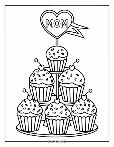 Dibujo de feliz cumpleaños mamá para colorear para niños: Cupcakes apilados con patrones y una banderita de corazón que dice "Mom"