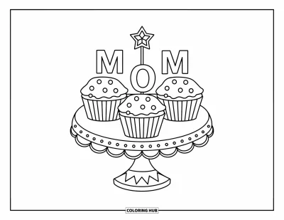 Dibujo de feliz cumpleaños mamá para colorear para niños: Tres cupcakes con las letras "MOM" en un soporte con una estrella dorada en la cima