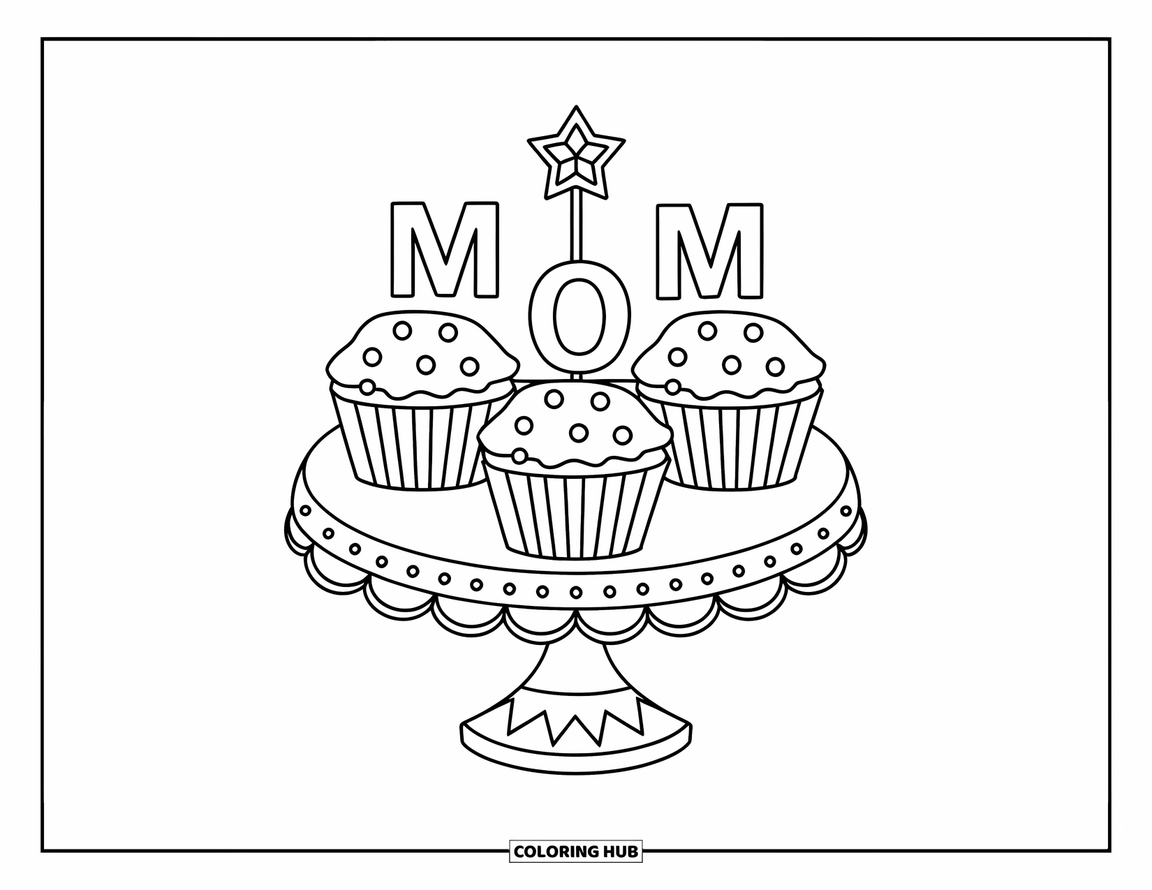 Happy Birthday Mom Coloring Page for Kids: Three cupcakes labeled "MOM" on a stand with a gold star topper