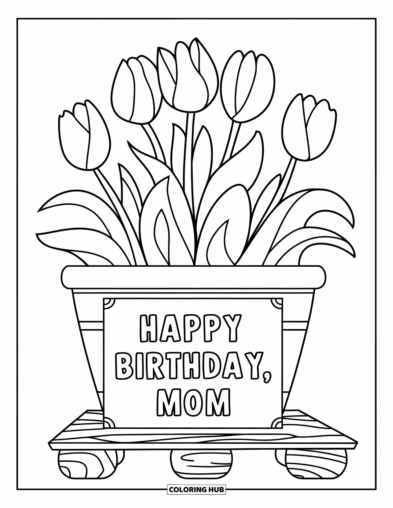 Happy Birthday Mom Coloring Page for Kids: Tulip-filled flower pot with a birthday card nearby