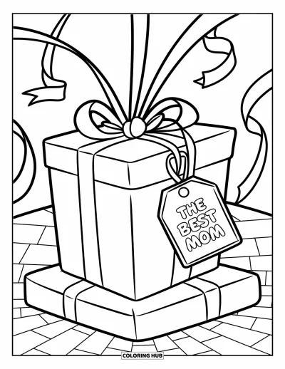 Dibujo de feliz cumpleaños mamá para colorear para niños: Regalo envuelto con cintas ondeantes y una etiqueta que dice "For the Best Mom"