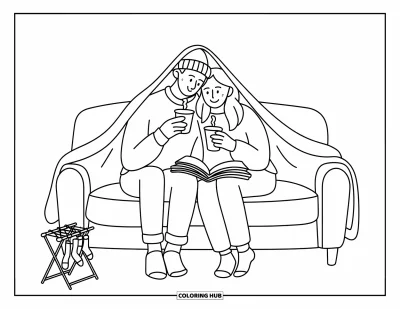 Coloriage de bonheur pour adultes : Un homme en bonnet et une femme aux longs cheveux sirotent des boissons chaudes sous une couverture partagée