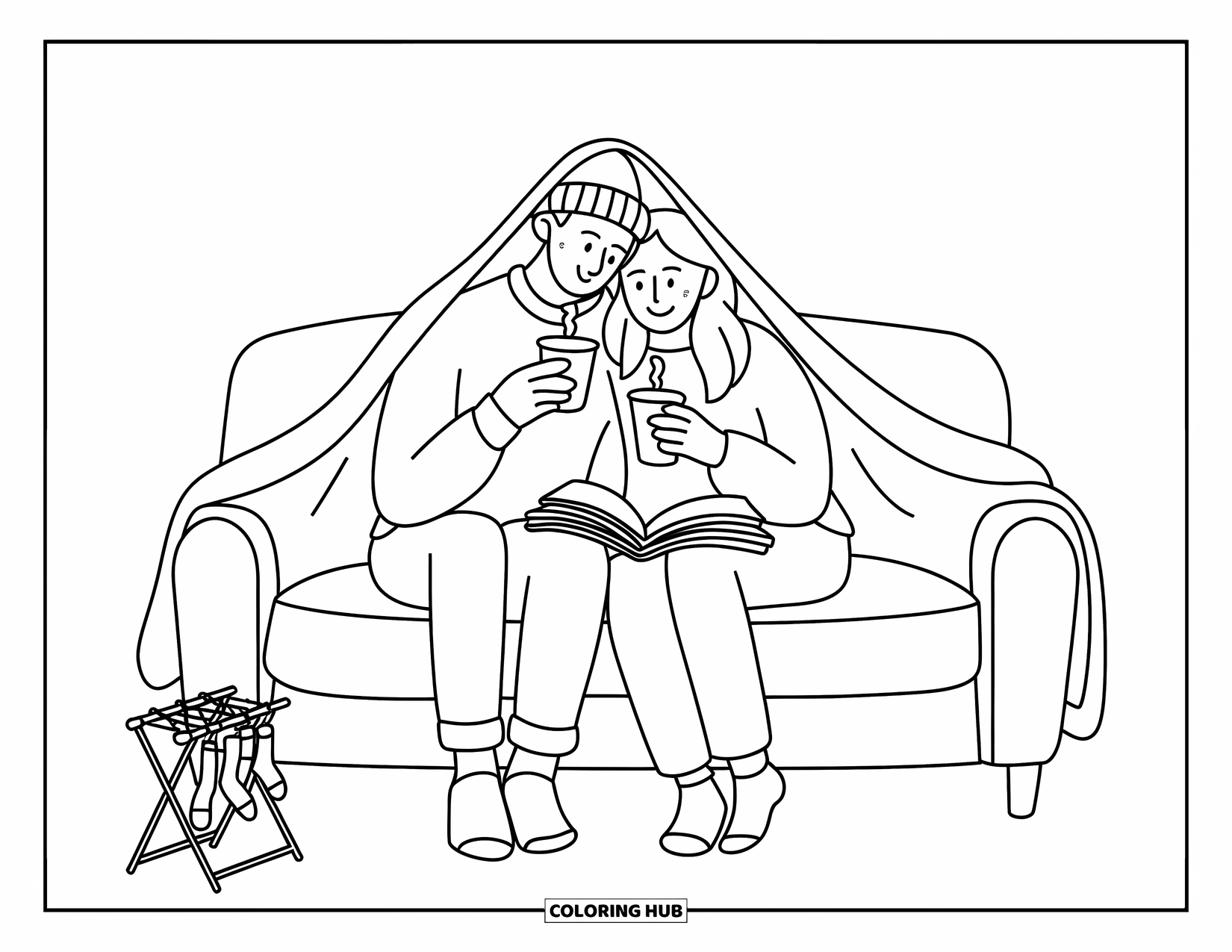 Happy Coloring Page for Adults: A beanie-wearing man and long-haired woman sip warm drinks under a shared blanket