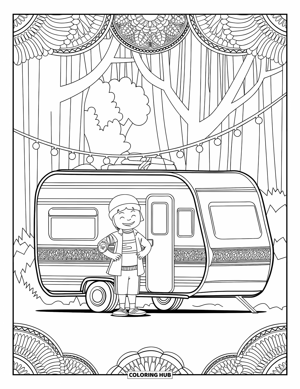 Happy Coloring Page for Adults: A camper smiles next to a van parked beneath glowing string lights and tall forest trees
