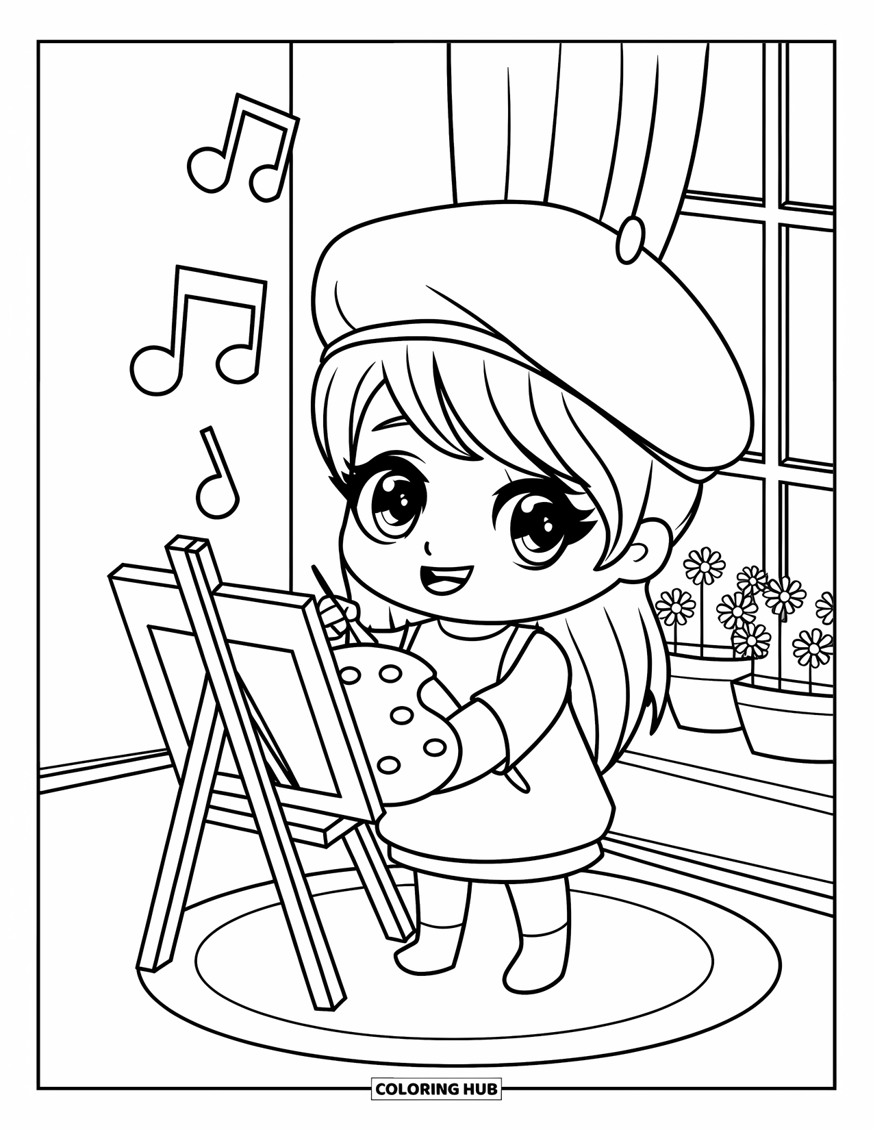 Happy Coloring Page for Adults: A cheerful artist paints at a tiny easel beside flower pots and a sunny window