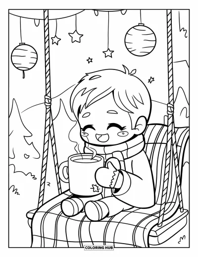 Coloriage de bonheur pour adultes : Un garçon joyeux sur une balançoire de terrasse tient une tasse fumante sous des lanternes et des étoiles en papier