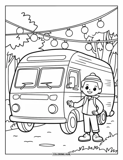 Coloriage de bonheur pour adultes : Un campeur joyeux se tient près d'un van sous des guirlandes lumineuses dans un cadre forestier paisible