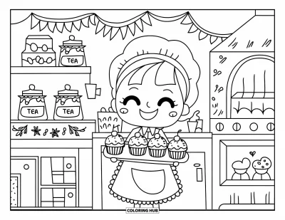 Coloriage de bonheur pour adultes : Un boulanger chibi souriant transporte des cupcakes dans une boulangerie chaleureuse avec des bocaux, des fanions et un four