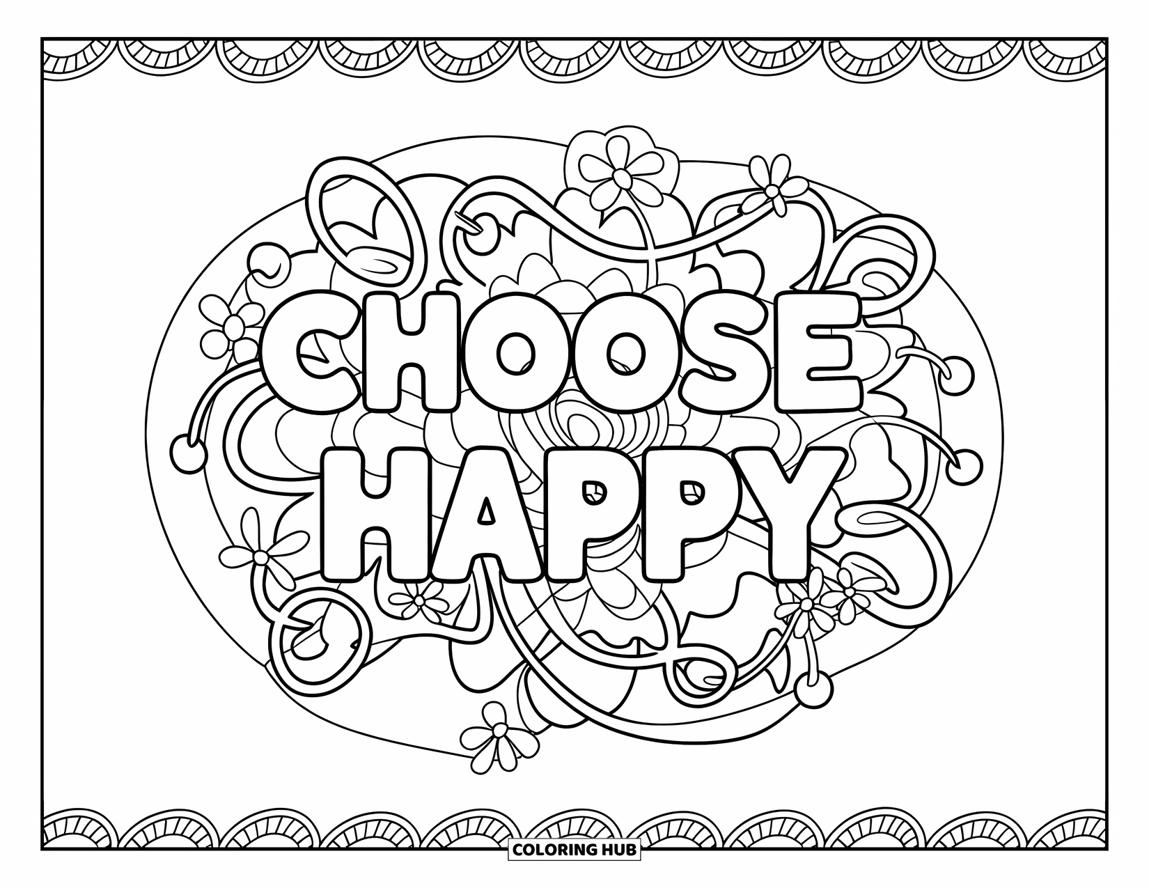 Happy Coloring Page for Adults: A cheerful "Choose Happy" design with blossoms, vines, and a fun decorative border