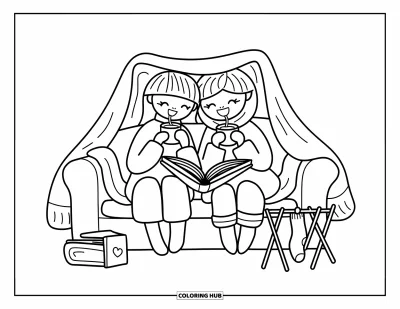 Coloriage de bonheur pour adultes : Un couple joyeux se blottit sur le canapé avec des boissons chaudes, un livre et des chaussettes suspendues