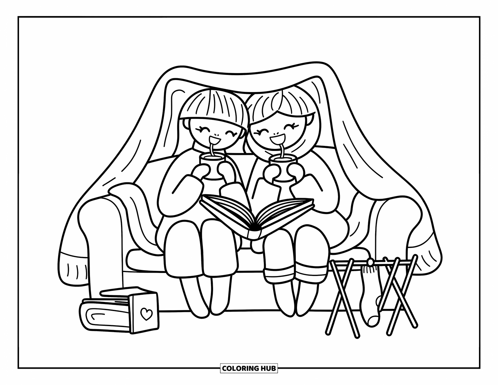 Happy Coloring Page for Adults: A cheerful couple cuddles on the couch with hot drinks, a book, and hanging socks nearby