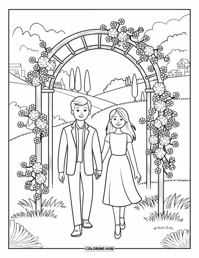 Coloriage de bonheur pour adultes : Un couple joyeux marche sous des arches fleuries dans un paysage de collines et d'arbres