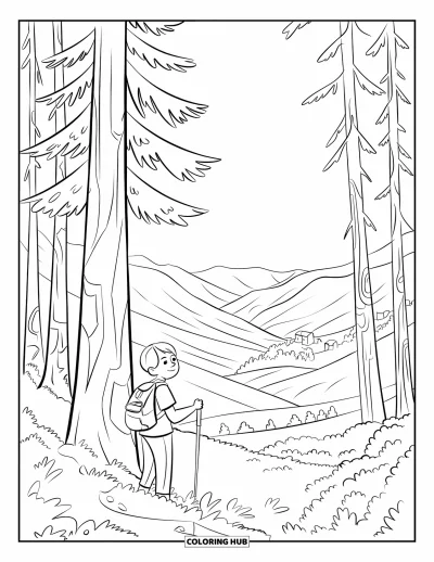 Coloriage de bonheur pour adultes : Un randonneur souriant sous un grand pin admire une vallée verdoyante couverte de collines et d'arbres