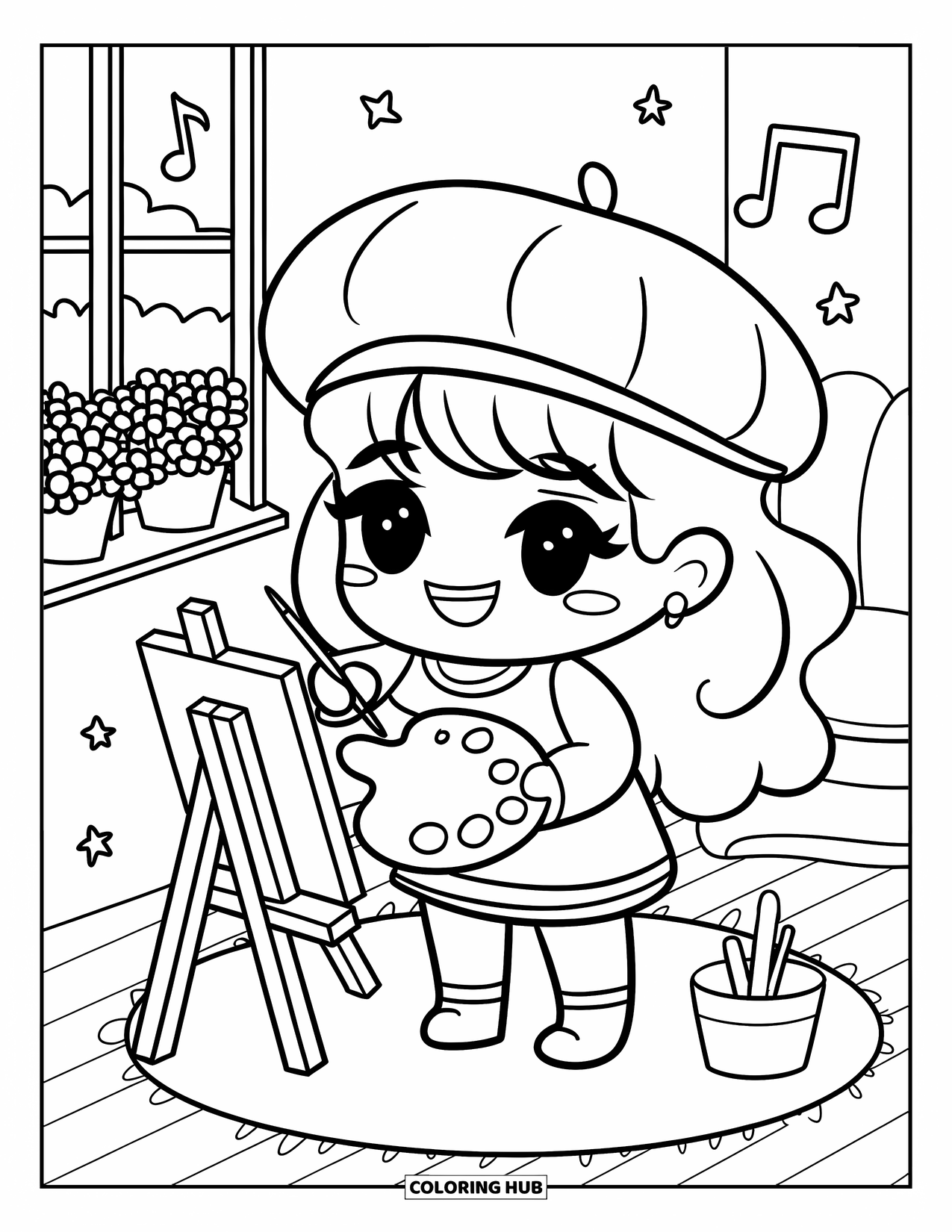 Happy Coloring Page for Adults: A chibi artist paints joyfully with a big beret, heart palette, and floating music notes