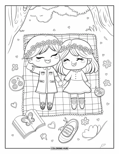 Coloriage de bonheur pour adultes : Un couple chibi se repose paisiblement sous un arbre avec des en-cas, des fleurs et un papillon tout proche