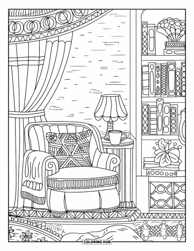 Coloriage de bonheur pour adultes : Un fauteuil confortable, une tasse, des livres et des objets déco créent un coin lecture apaisant