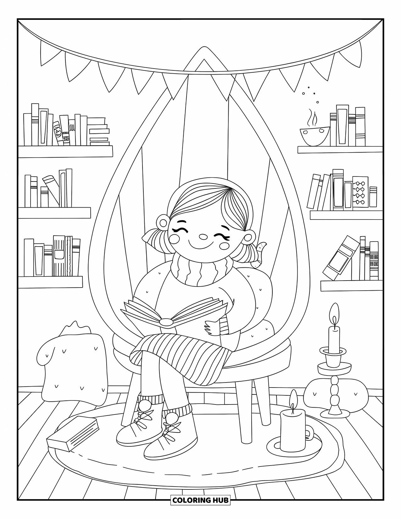 Happy Coloring Page for Adults: A content girl sits warmly in a reading nook surrounded by books, a candle, and flags