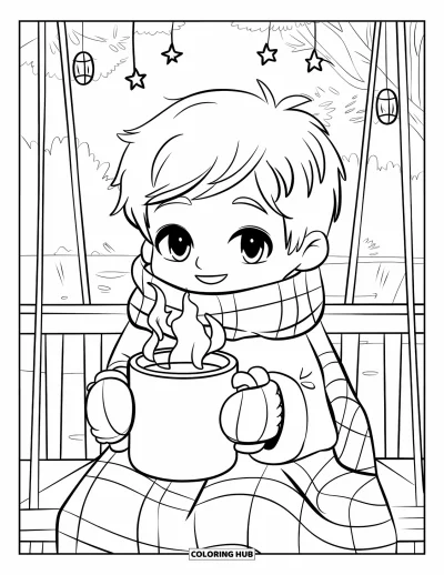 Coloriage de bonheur pour adultes : Un garçon bien emmitouflé avec une écharpe et des moufles savoure une boisson chaude sur une balançoire de terrasse