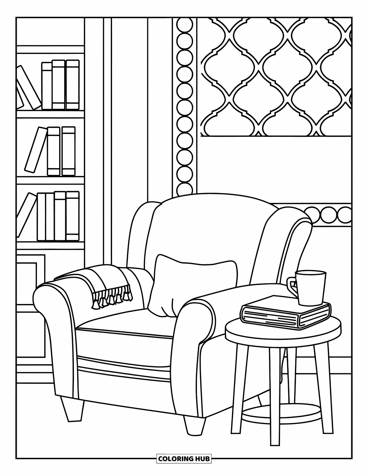 Happy Coloring Page for Adults: A cozy nook with a chair, books, mug, and soft decorative touches
