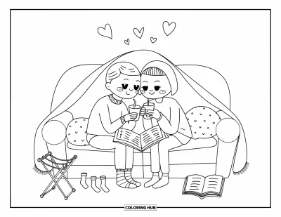 Coloriage de bonheur pour adultes : Un couple attendrissant savoure des boissons chaudes et un livre en se détendant ensemble sur un canapé