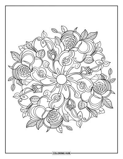 Coloriage de bonheur pour adultes : Un mandala floral détaillé avec des roses épanouies, des lianes ondulantes et de gracieuses feuilles