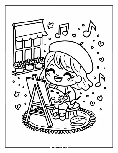 Coloriage de bonheur pour adultes : Un artiste heureux avec une palette en forme de cœur peint dans une pièce douillette avec des pots de fleurs