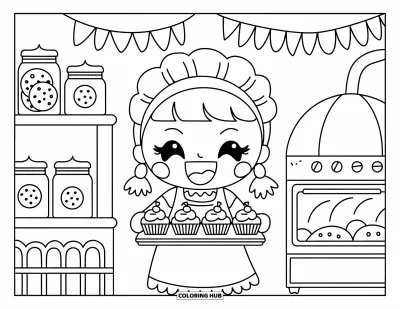 Coloriage de bonheur pour adultes : Un boulanger heureux présente ses cupcakes dans une petite boulangerie remplie de bocaux et d'un four accueillant