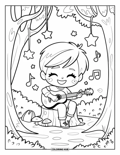 Coloriage de bonheur pour adultes : Un garçon heureux joue de la guitare sur une souche entourée de notes de musique, de champignons et d'étoiles suspendues
