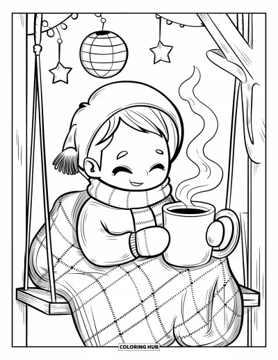Coloriage de bonheur pour adultes : Un garçon heureux enroulé dans une écharpe est assis sur une balançoire avec une boisson chaude et des étoiles au-dessus