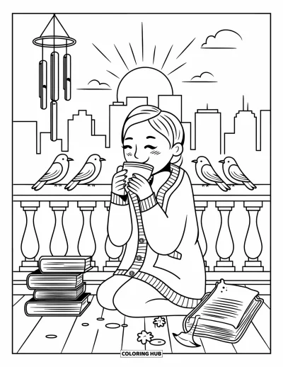 Coloriage de bonheur pour adultes : Une jeune femme joyeuse sirote du thé sur un balcon avec des oiseaux, des livres et une vue apaisante sur la ville