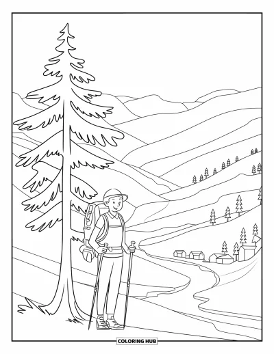 Coloriage de bonheur pour adultes : Un randonneur joyeux se tient près d'un grand pin, contemplant des collines, une rivière et de lointains paysages