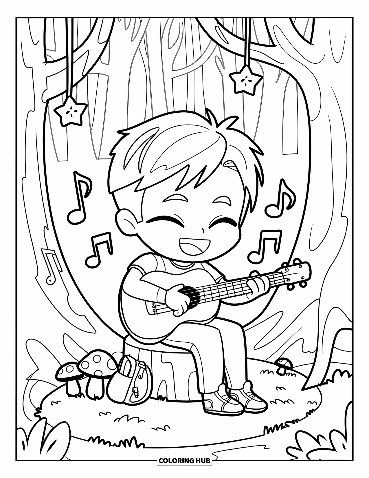 Happy Coloring Page for Adults: A smiling boy plays guitar in the woods with musical notes and tiny forest details