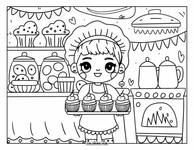 Coloriage de bonheur pour adultes : Une charmante boulangère chibi tient des cupcakes dans une boulangerie douillette remplie de petits détails sucrés