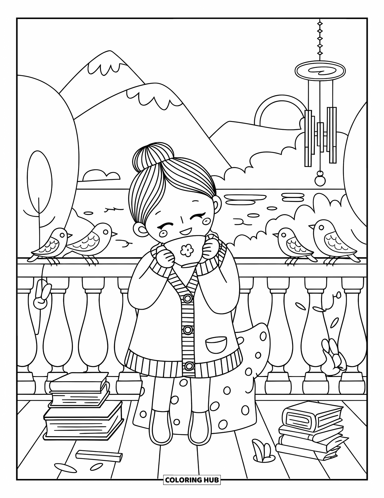 Happy Coloring Page for Adults: A smiling girl wrapped in a cardigan drinks tea on a balcony with birds and mountains