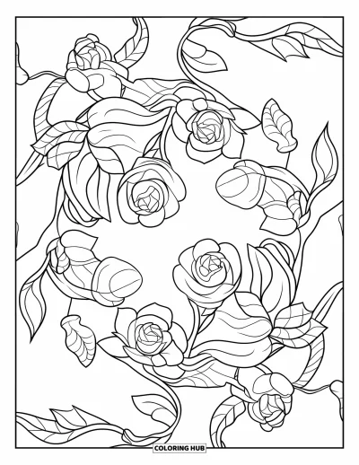 Coloriage de bonheur pour adultes : Des roses épanouies et des lianes gestuelles remplissent ce mandala floral élégant et serein