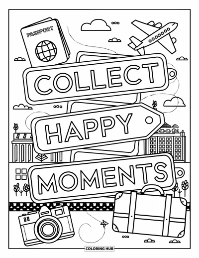 Coloriage de bonheur pour adultes : "Collect Happy Moments" apparaît sur des étiquettes de valise avec des icônes de voyage et un décor de ville