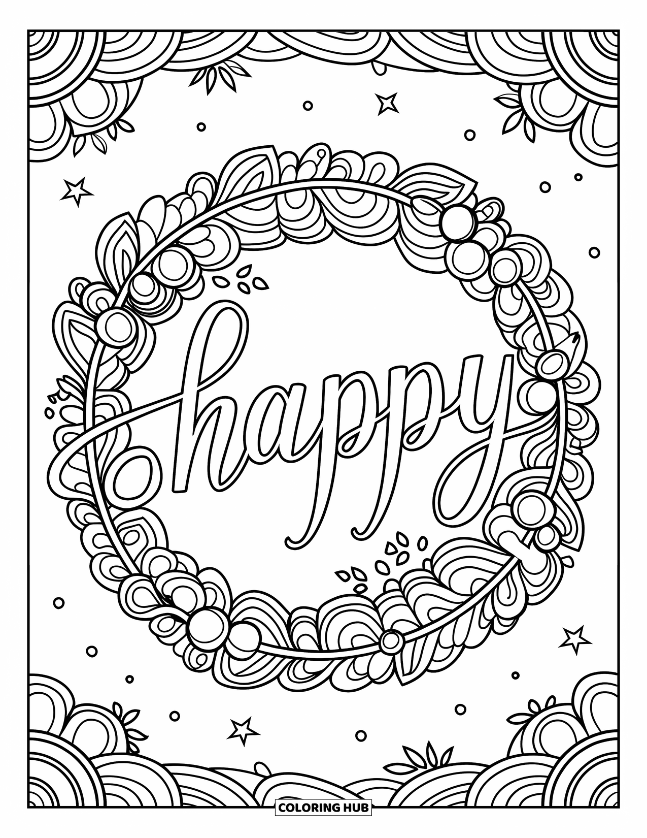 Happy Coloring Page for Adults: "Happy" appears in elegant script, wrapped in flowers, leaves, and intricate decorative details